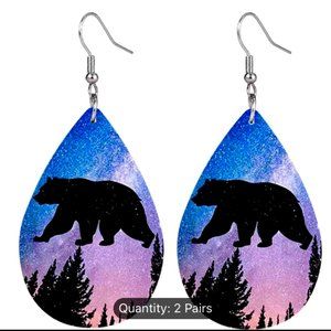 Grizzly Bear Faux Leather Earrings Blue and Lavender Dusk with Trees Silhouetted